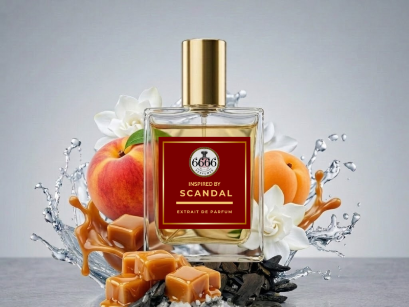 Scandal inspired perfume bottle with caramel, peach and floral notes clean background 6666 perfumes India