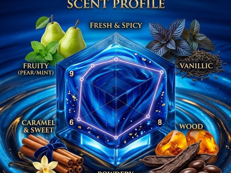 Ultra Male scent profile featuring sweet pear, lavender freshness and warm vanilla amber sweetness.