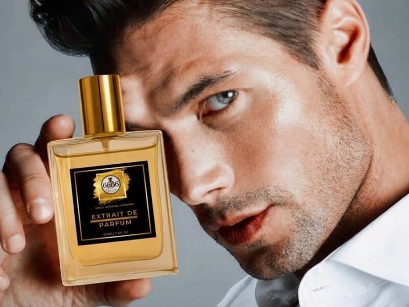 Male model holding long lasting extrait de parfum inspired fragrance by 6666 Perfumes
