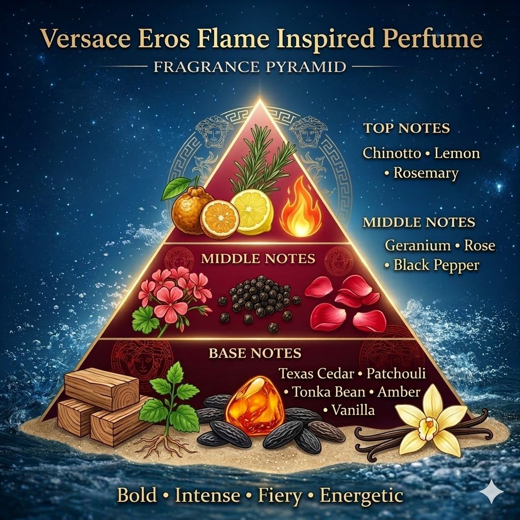 Versace Eros Flame Inspired Fragrance Pyramid – Citrus Pepper Vanilla Notes