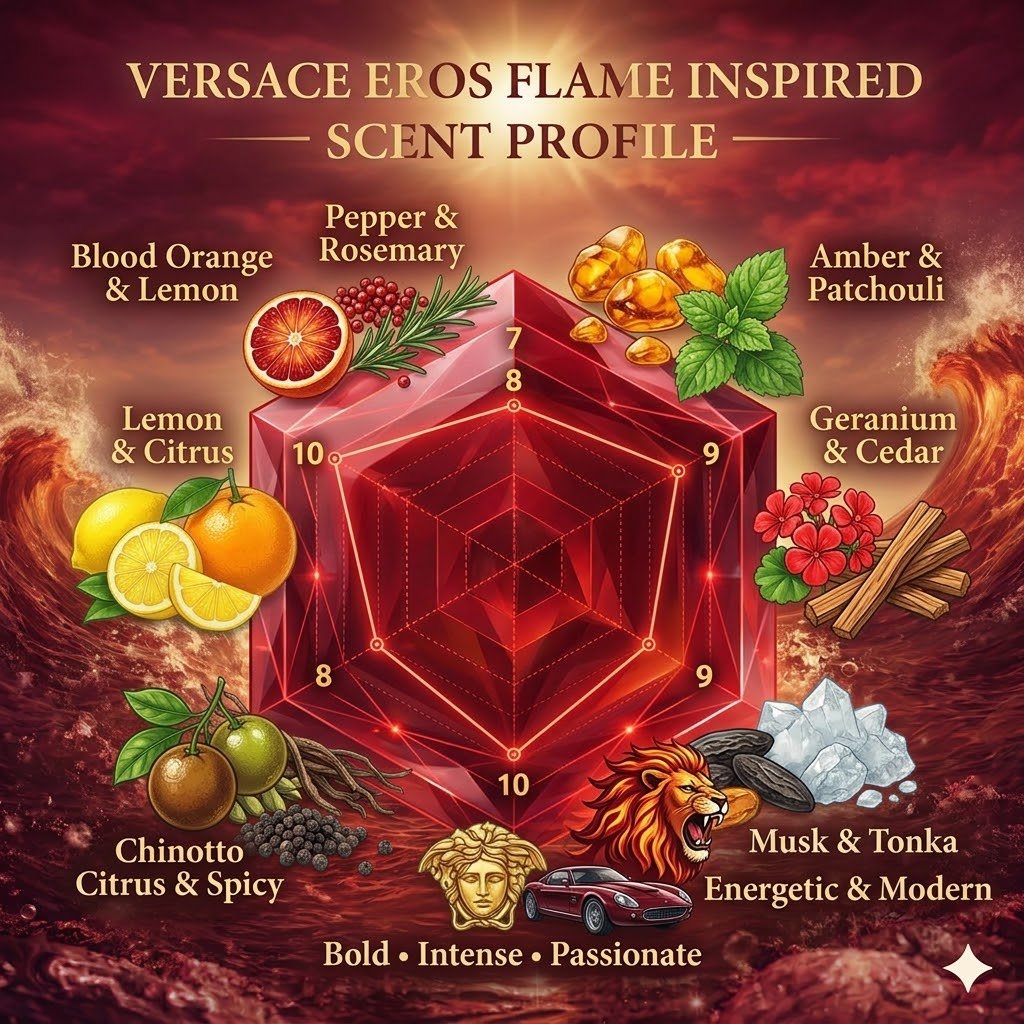 Versace Eros Flame Inspired Perfume Scent Profile Radar Chart showing spicy citrus woody fragrance profile
