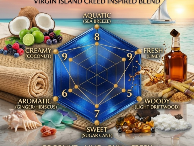 Virgin Island scent radar chart fresh sweet coconut citrus tropical fragrance projection longevity