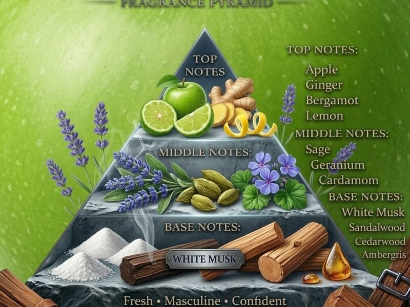 Y fragrance notes pyramid showing apple, bergamot, sage, geranium, amberwood and tonka bean base notes.