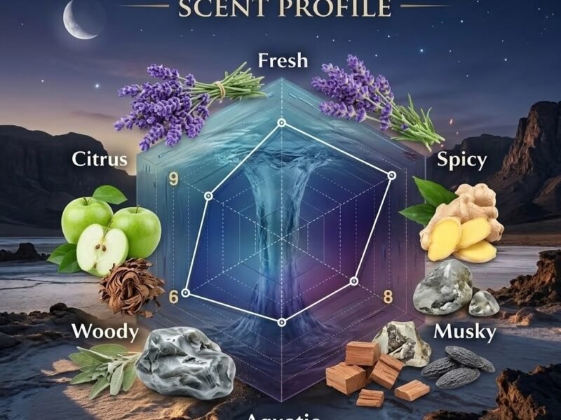 Y scent profile featuring fresh apple citrus opening with aromatic sage and woody amber base.