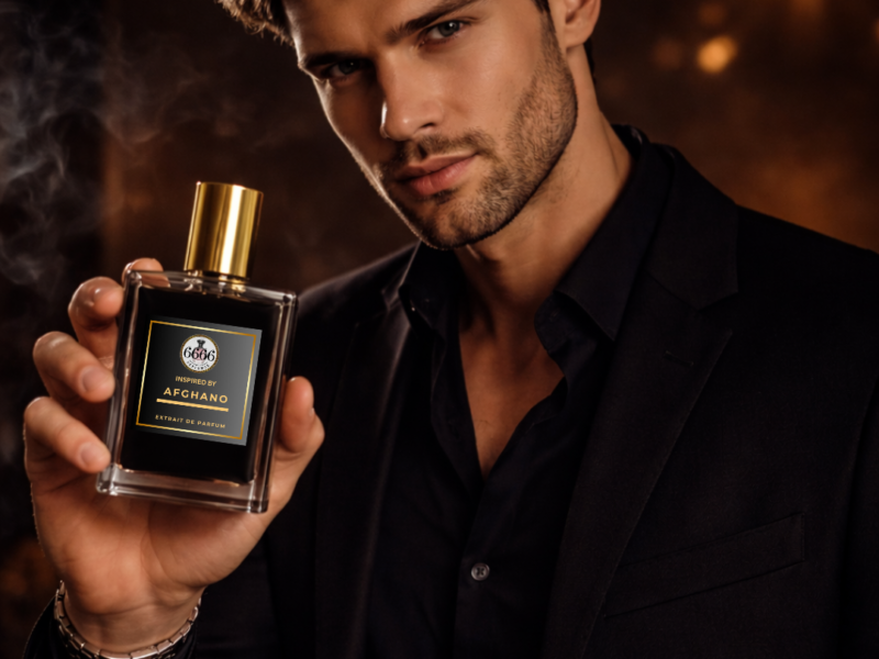 man holding black afghano inspired perfume luxury dark fragrance india extrait