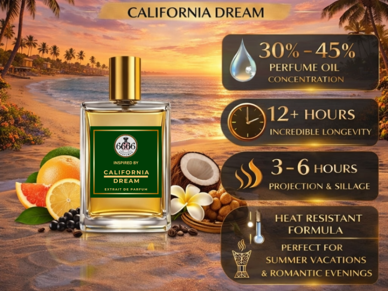 California Dream inspired perfume India extrait de parfum 30 to 45 percent oil concentration long lasting citrus summer fragrance