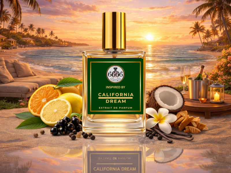 California Dream inspired perfume beach sunset citrus coconut luxury fragrance bottle tropical background
