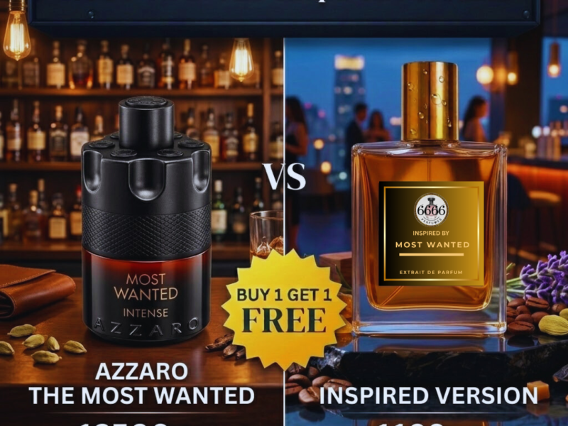 Designer perfume vs inspired perfume comparison showing value of Most Wanted inspired fragrance by 6666 Perfumes