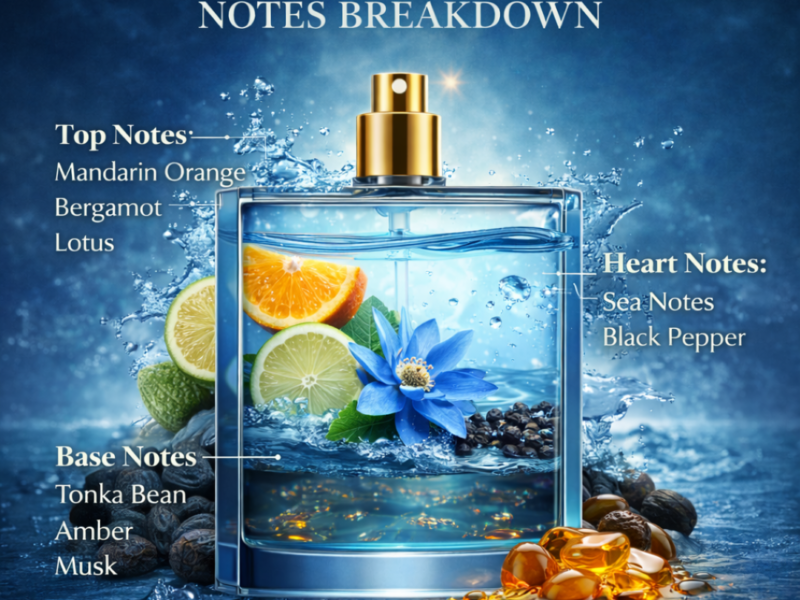 Dunhill Desire Blue notes breakdown showing mandarin bergamot lotus sea notes amber musk