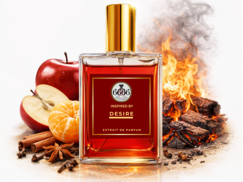 Dunhill Desire inspired perfume bottle with apple cinnamon and fire background clean white product image