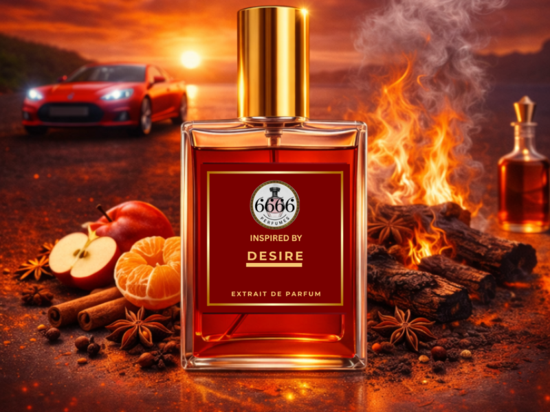 Dunhill Desire inspired perfume clean bottle shot with fire background apple cinnamon vanilla fragrance
