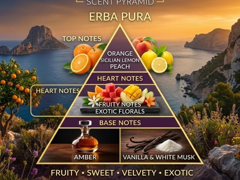 scent pyramid showing citrus fruits berries musk vanilla erba pura inspired fragrance