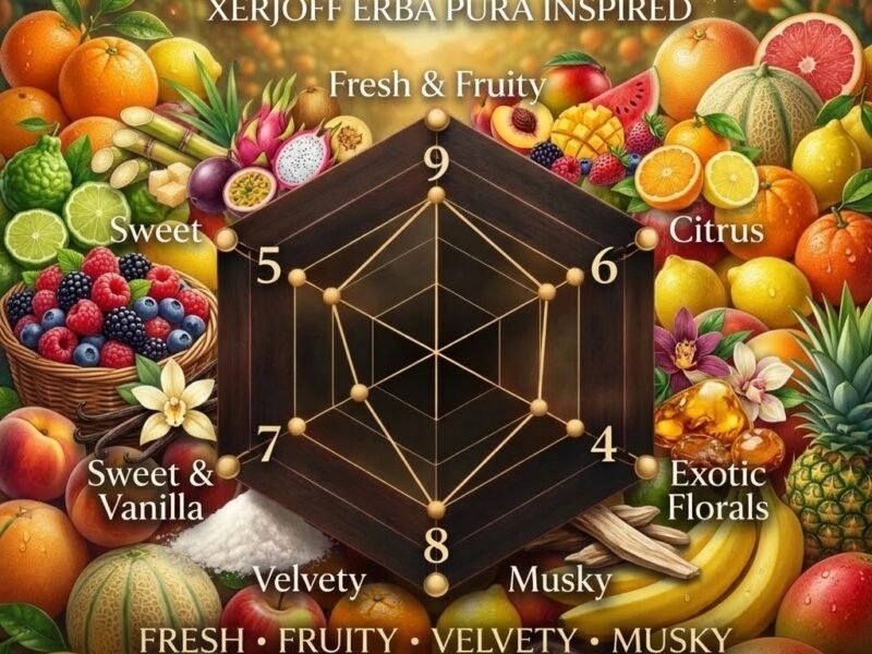 scent radar showing fruity sweet citrus musky fragrance profile erba pura inspired