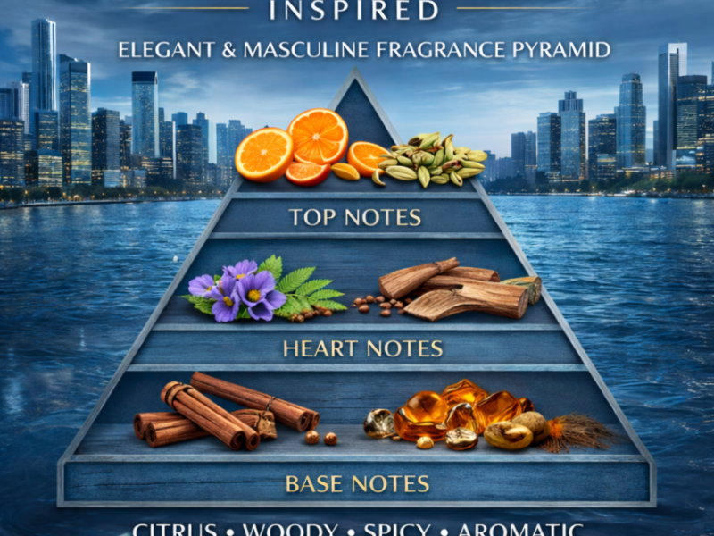 Givenchy Pour Homme inspired fragrance pyramid showing top heart and base notes citrus woody spicy aromatic