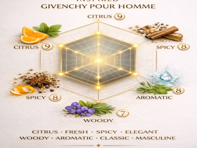 Givenchy Pour Homme inspired scent radar showing citrus spicy woody aromatic fragrance profile for men