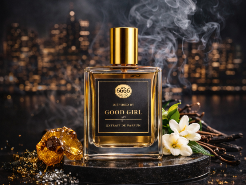 Good Girl inspired perfume bottle in luxury evening setting representing seductive night fragrance