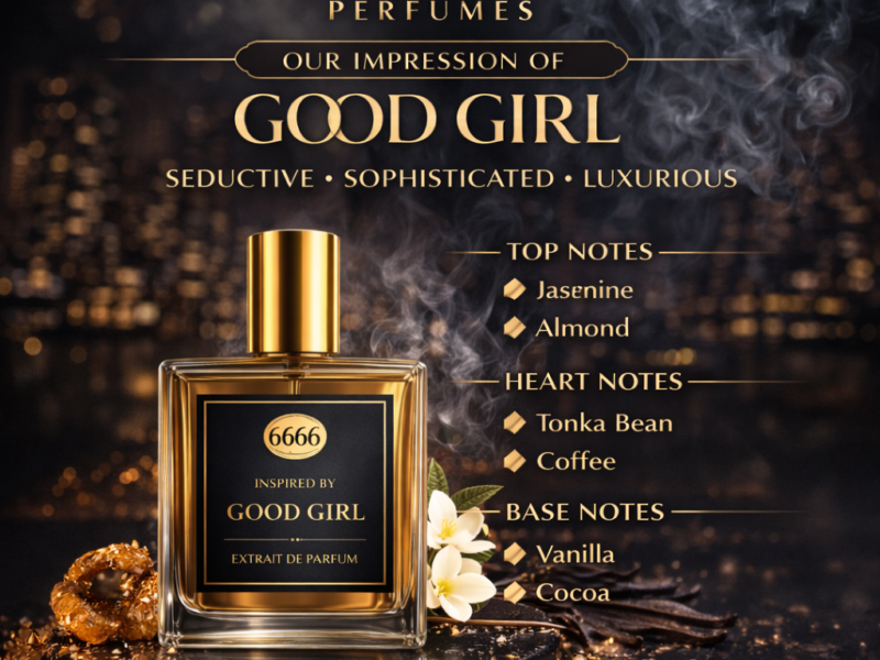 Fragrance notes of Good Girl inspired perfume showing jasmine, tuberose, tonka bean, cocoa, vanilla and almond