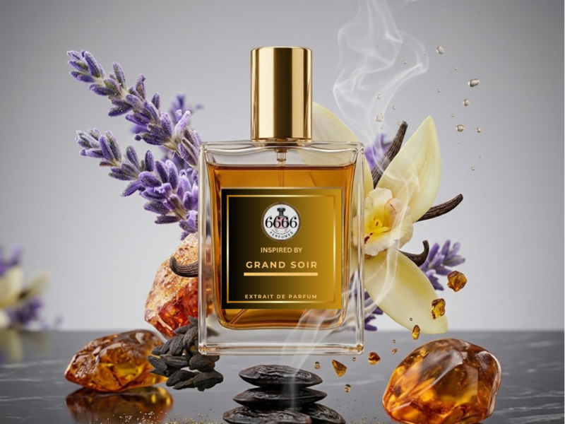 Grand Soir inspired perfume by 6666 with amber vanilla notes, lavender, resin and golden extrait de parfum bottle