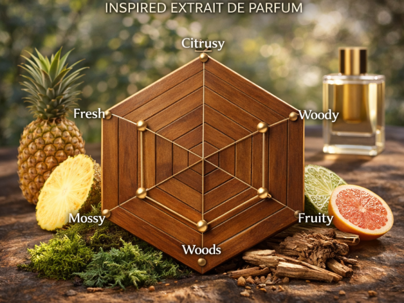 Nishane Hacivat fragrance notes radar chart showing pineapple citrus oakmoss woody scent profile