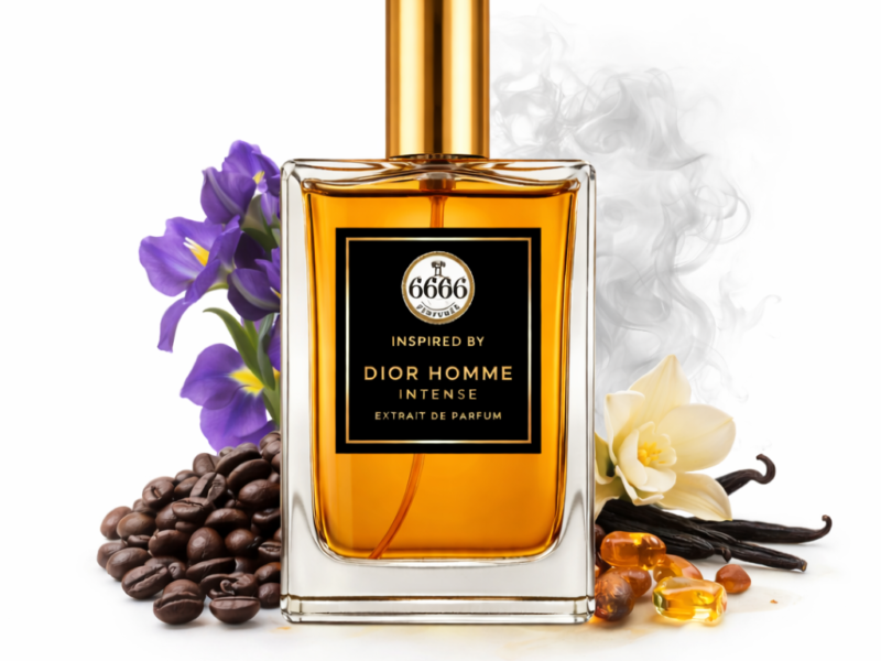 clean product shot homme intense inspired perfume bottle iris vanilla coffee ingredients