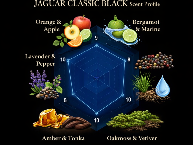 Jaguar Classic Black inspired perfume scent radar chart woody aromatic masculine fragrance