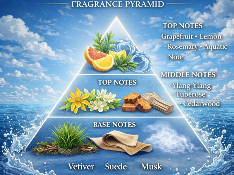 Lacoste White inspired perfume notes pyramid grapefruit rosemary cardamom cedar suede