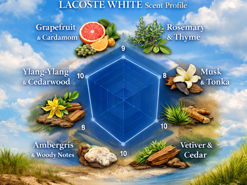 Lacoste White inspired perfume scent radar chart fresh citrus woody fragrance