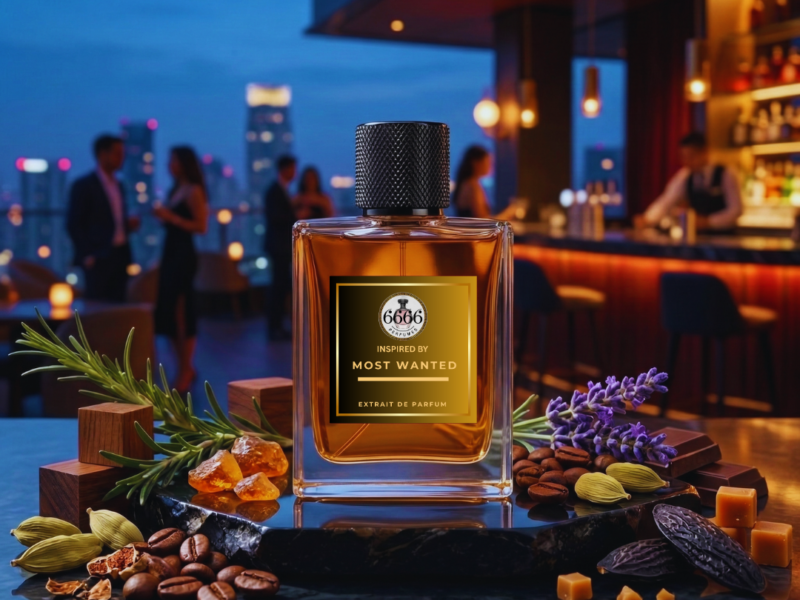 Most Wanted inspired perfume bottle lifestyle image representing bold evening fragrance for men