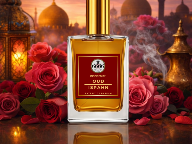 Oud Ispahan inspired perfume with rose and Arabian background luxury extrait fragrance India