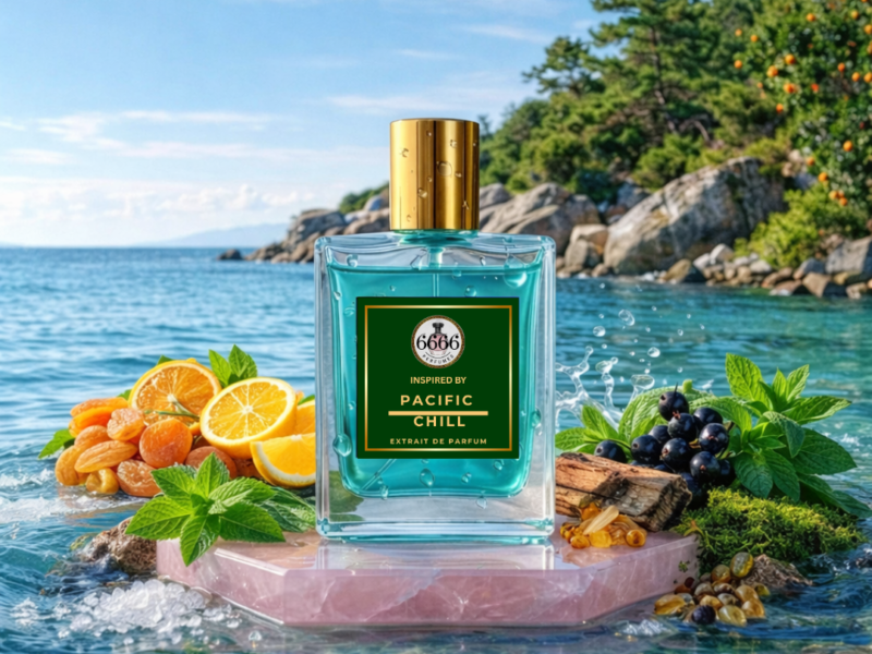 Pacific Chill inspired extrait perfume lifestyle image showing fresh citrus mint fragrance perfect for summer and beach wear