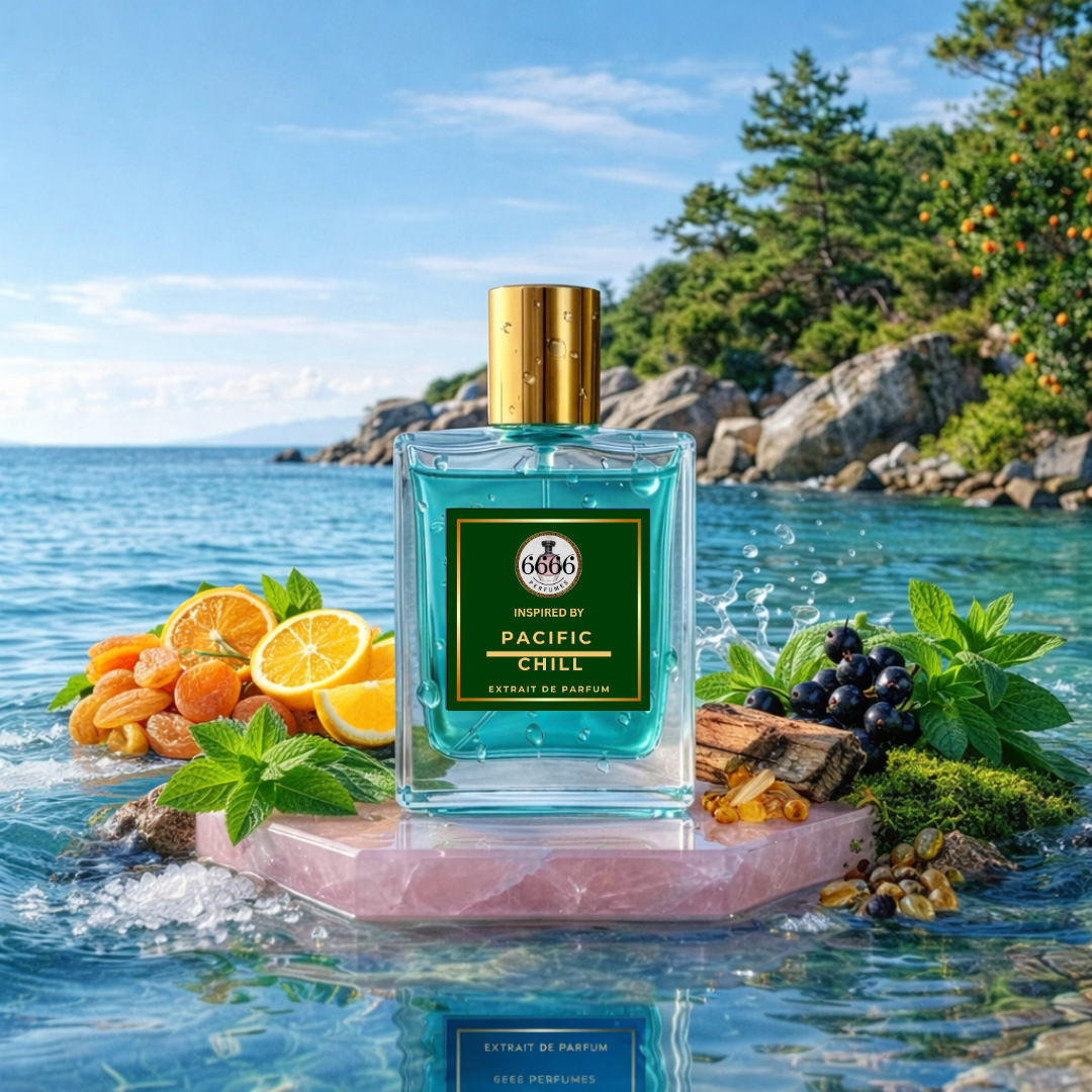 Pacific Chill inspired extrait perfume lifestyle image showing fresh citrus mint fragrance perfect for summer and beach wear