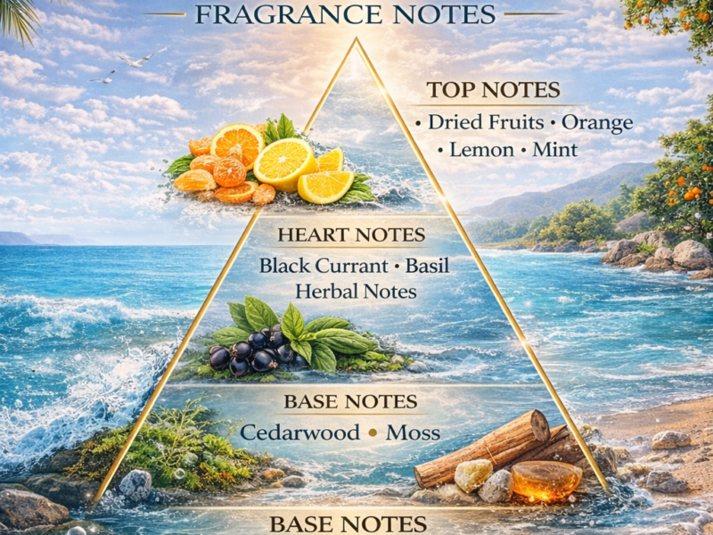 Pacific Chill inspired fragrance notes pyramid showing citrus mint black currant basil cedarwood and moss