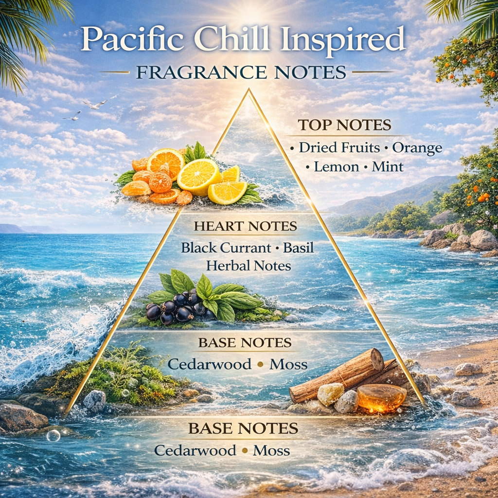 Pacific Chill inspired fragrance notes pyramid showing citrus mint black currant basil cedarwood and moss