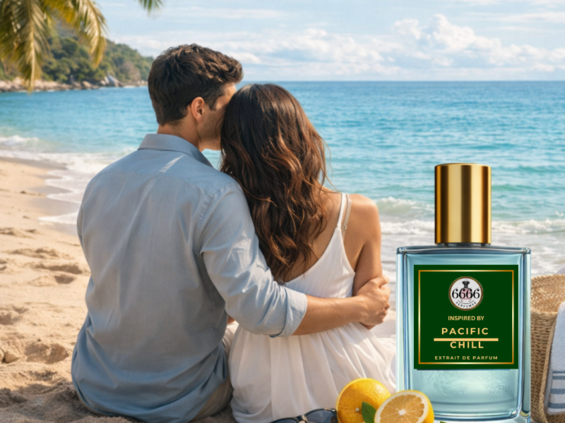 Pacific Chill inspired perfume luxury beach lifestyle image with couple enjoying ocean sunset representing fresh citrus summer fragrance inspired by Louis Vuitton Pacific Chill