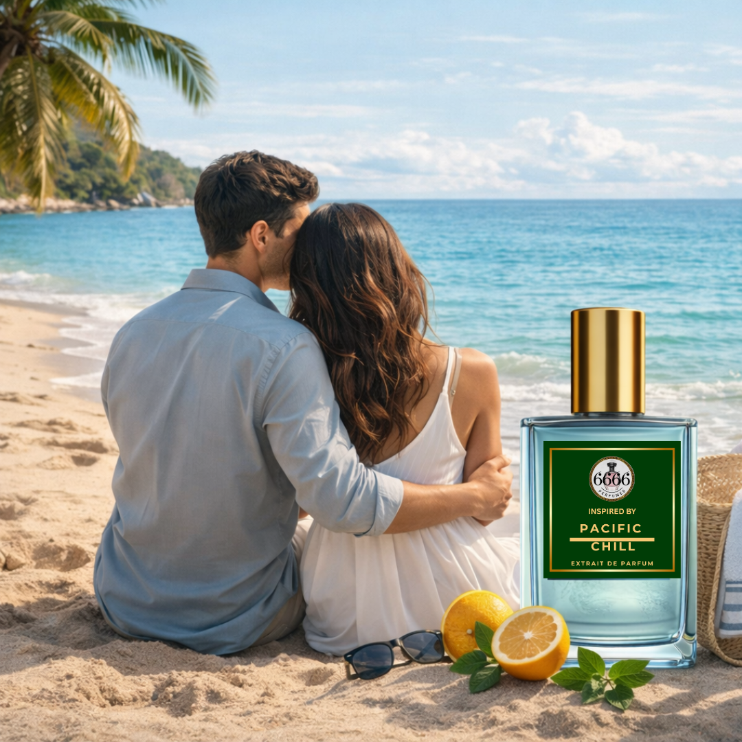 Pacific Chill inspired perfume luxury beach lifestyle image with couple enjoying ocean sunset representing fresh citrus summer fragrance inspired by Louis Vuitton Pacific Chill