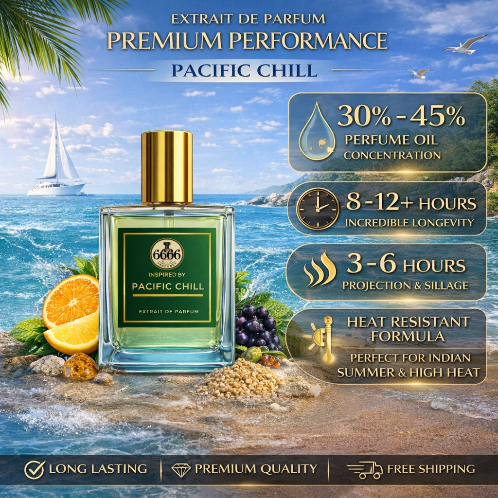 Pacific Chill inspired extrait perfume performance infographic showing 30% to 45% oil concentration 8 to 12 hour longevity and heat resistant formula