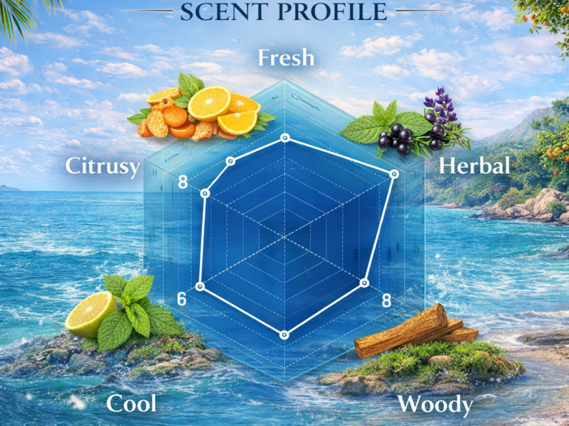 Pacific Chill inspired perfume scent profile showing citrus fresh herbal cool and woody accords