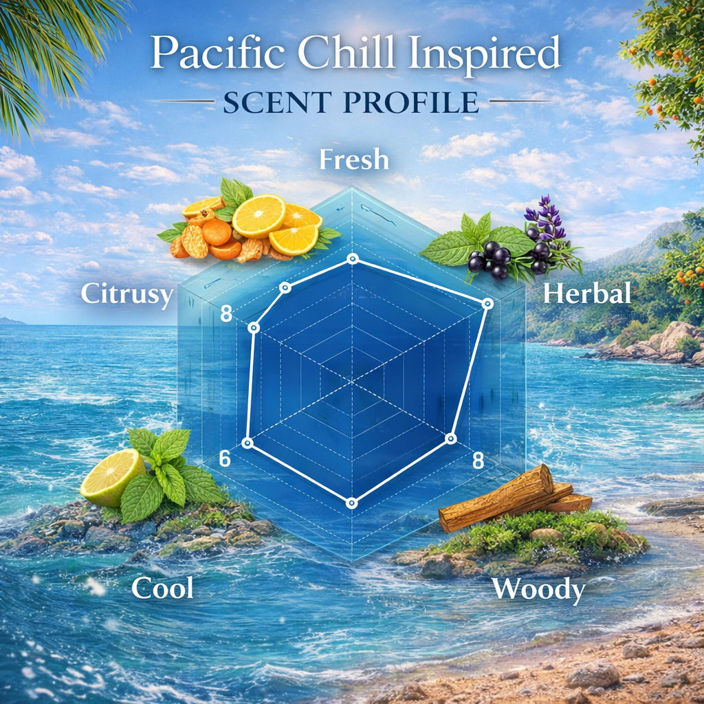 Pacific Chill inspired perfume scent profile showing citrus fresh herbal cool and woody accords