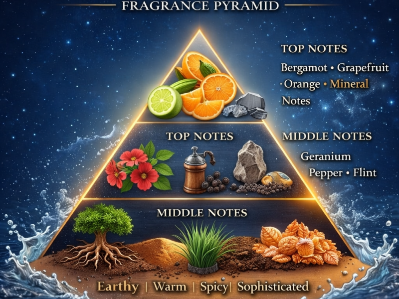 Terre dHermes inspired fragrance pyramid bergamot grapefruit orange mineral notes geranium pepper vetiver woods