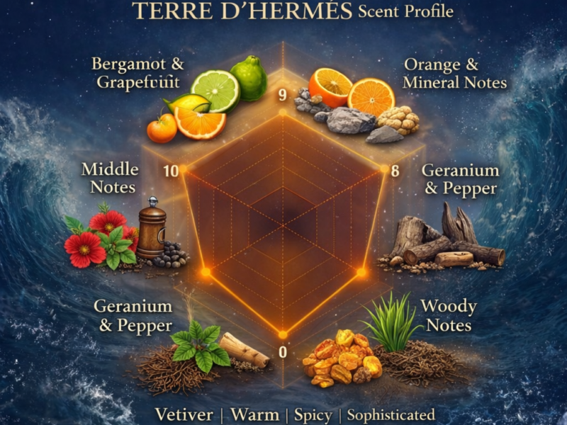 Terre dHermes inspired scent profile radar chart citrus bergamot grapefruit orange vetiver woody fragrance
