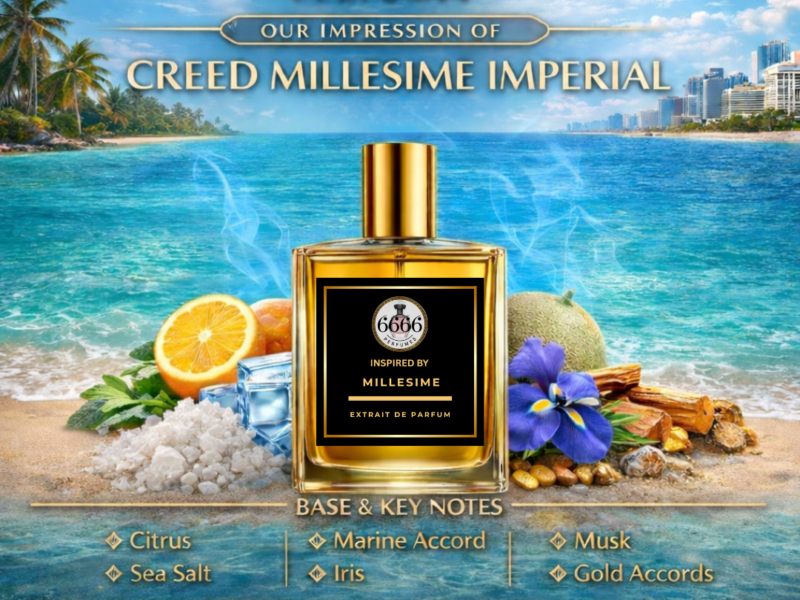Creed inspired perfume with citrus sea salt marine iris musk gold accords beach background