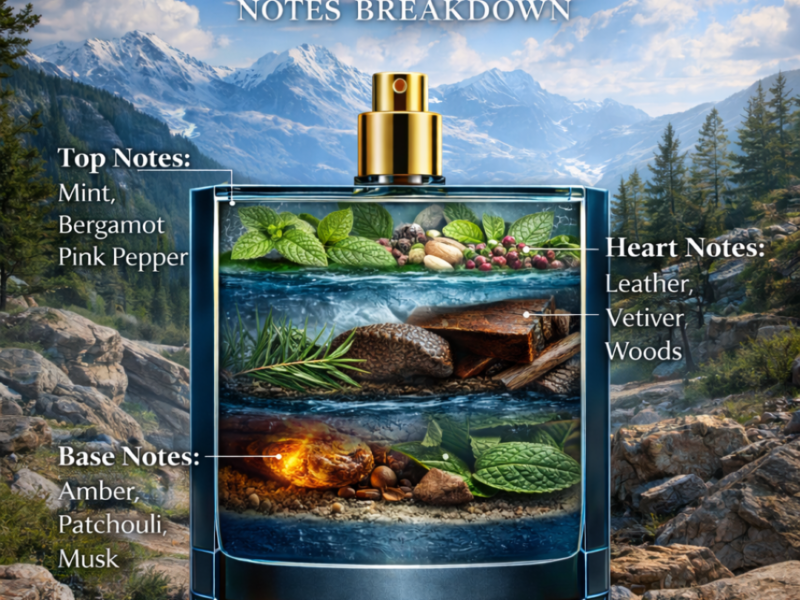Mont Blanc Explorer inspired perfume notes breakdown showing bergamot mint pink pepper leather vetiver and woody base