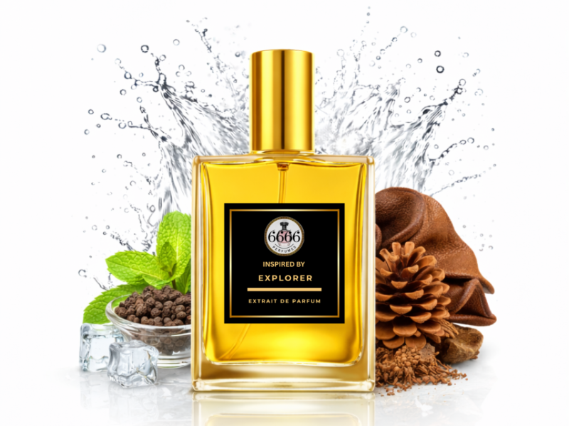 Mont Blanc Explorer inspired perfume by 6666 Perfumes with golden bottle, fresh citrus mint and woody notes extrait de parfum
