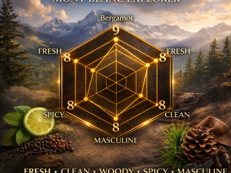 Mont Blanc Explorer scent radar showing fresh clean woody spicy masculine fragrance profile chart