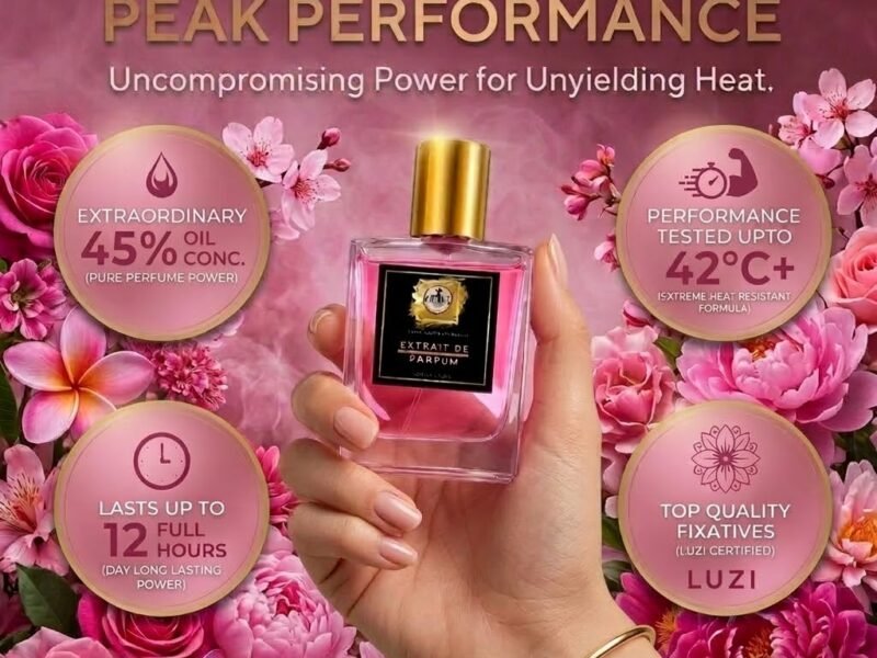 Floral perfume extrait de parfum with blooming flower notes long lasting in Indian Summer high heat up to 45ยฐC