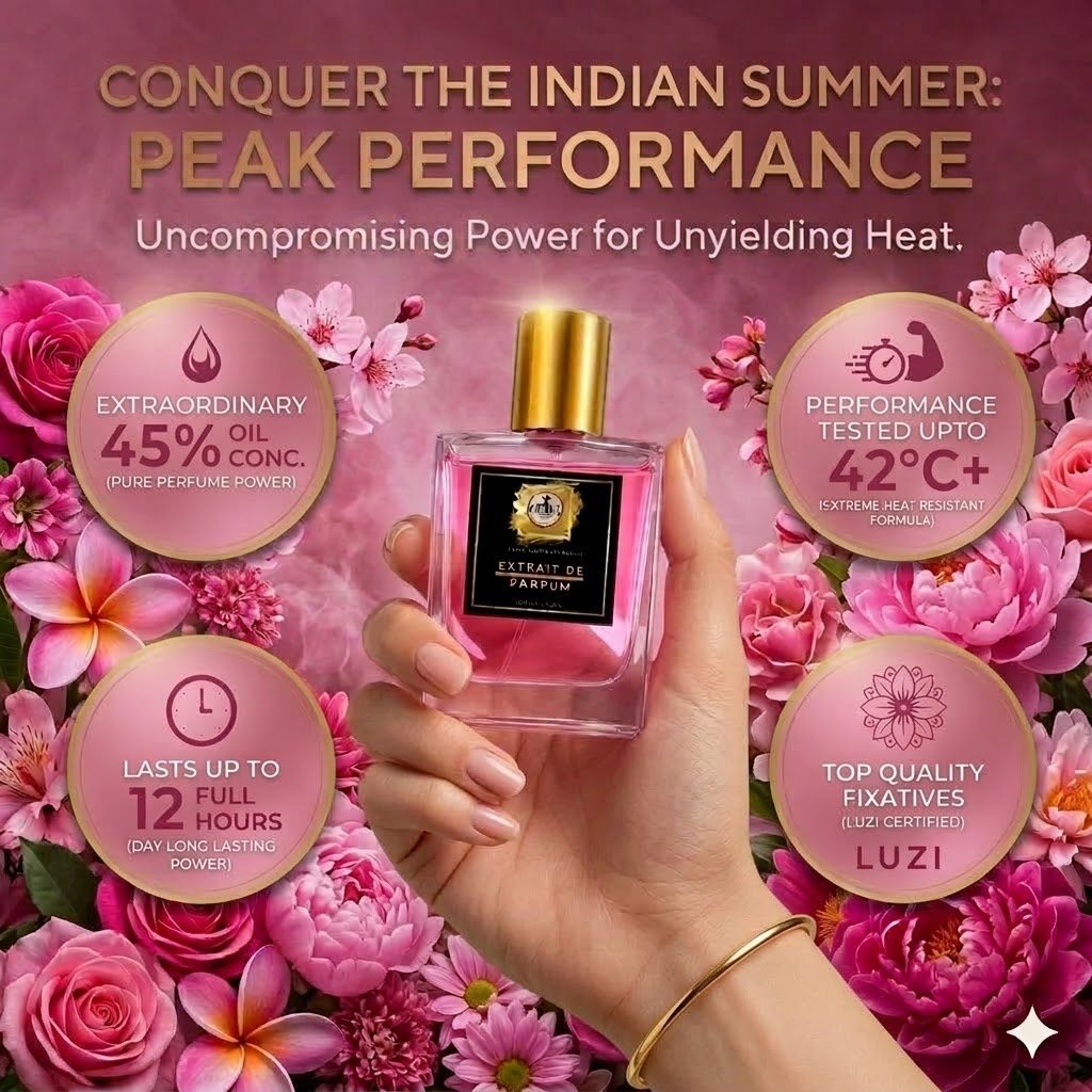 Floral perfume extrait de parfum with blooming flower notes long lasting in Indian Summer high heat up to 45ยฐC