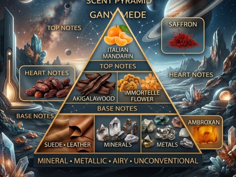 scent pyramid showing saffron mandarin mineral suede akigalawood ganymede inspired fragrance