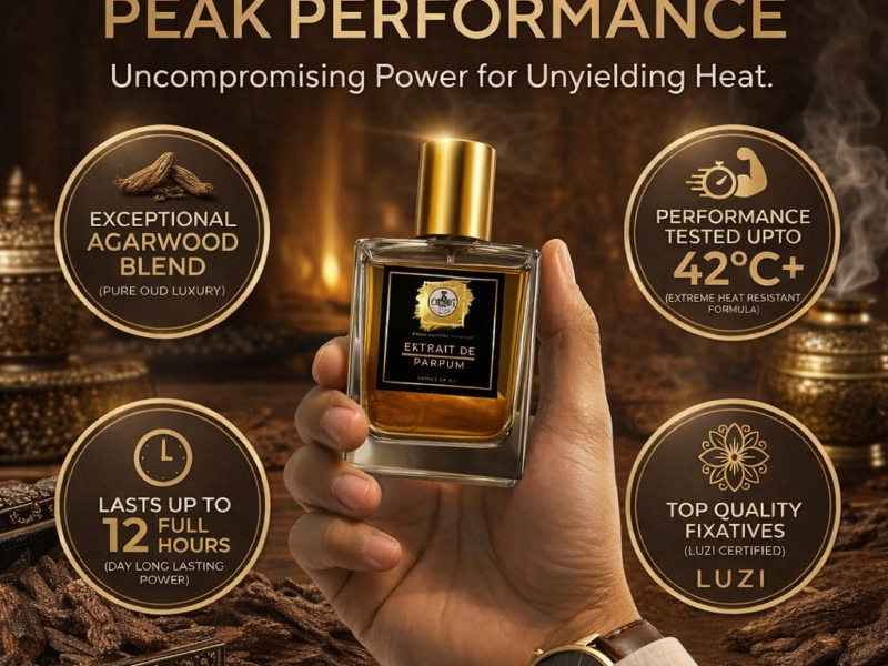 Oud perfume extrait de parfum with rich agarwood notes long lasting in Indian Summer high heat up to 45°C