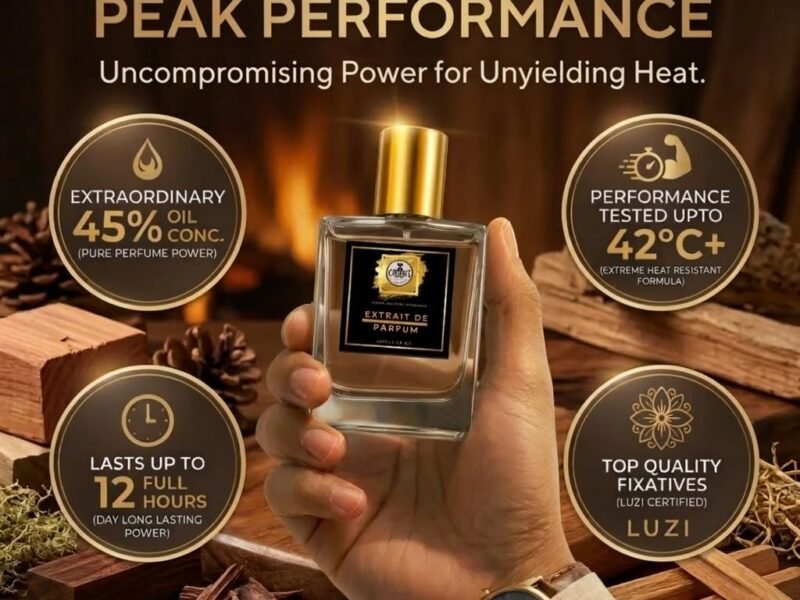 Woody perfume extrait de parfum with warm wood notes long lasting in Indian Summer high heat up to 45°C