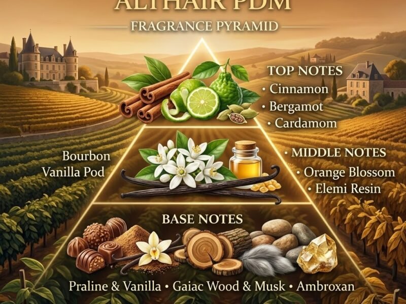 Althair fragrance notes pyramid vanilla cinnamon cardamom praline amber woods musk